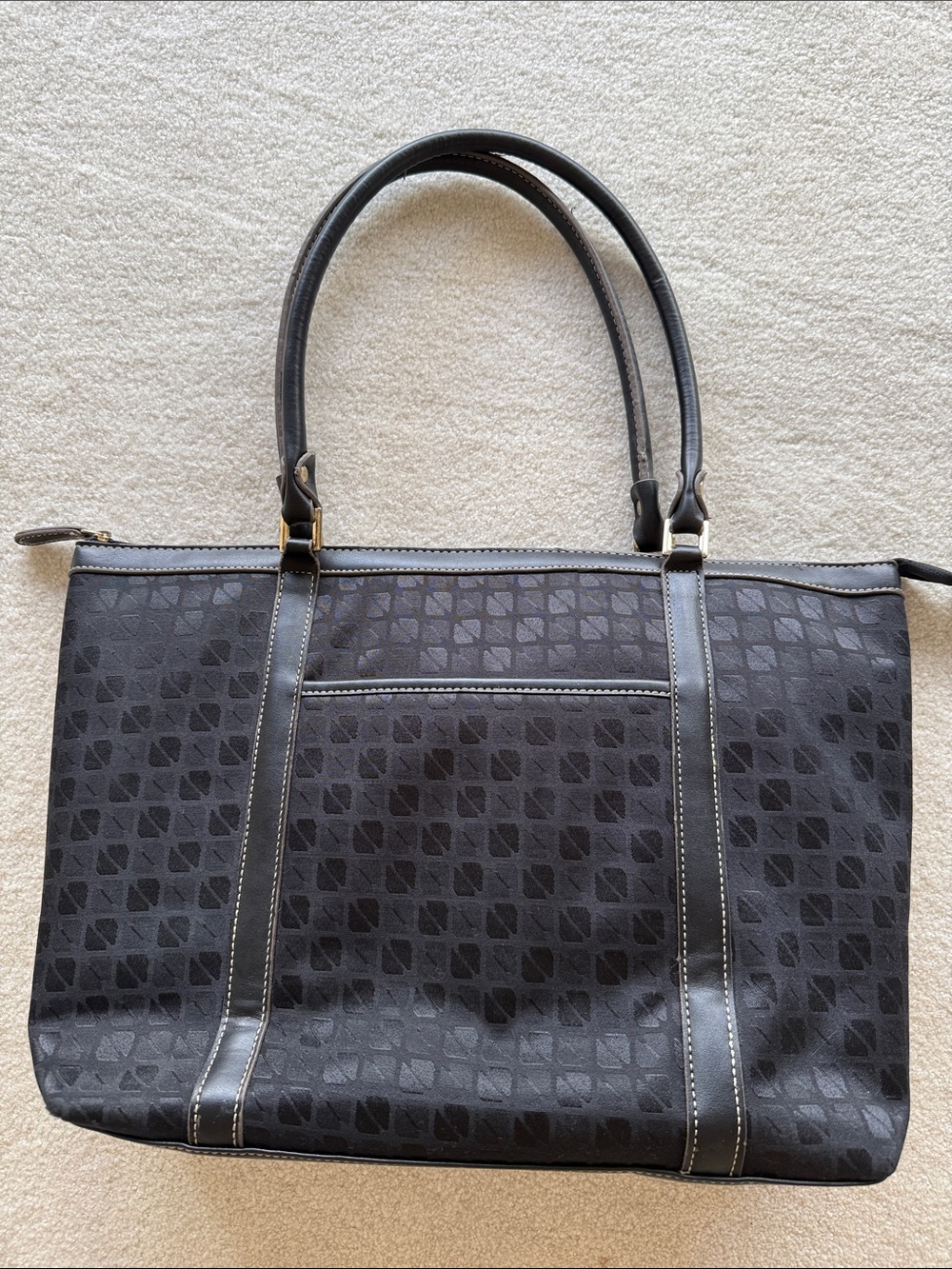 Merona Black Patterned Tote Bag with leather trim and laptop bag and key chain